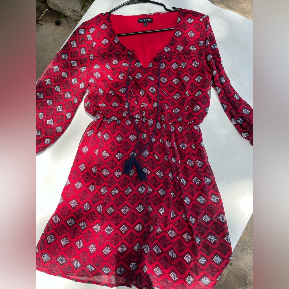 As U Wish Red and Blue Geometric Kids Dress